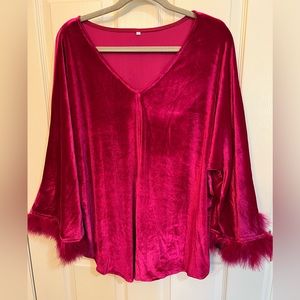 Fuchsia Pink velvet top with feather trim